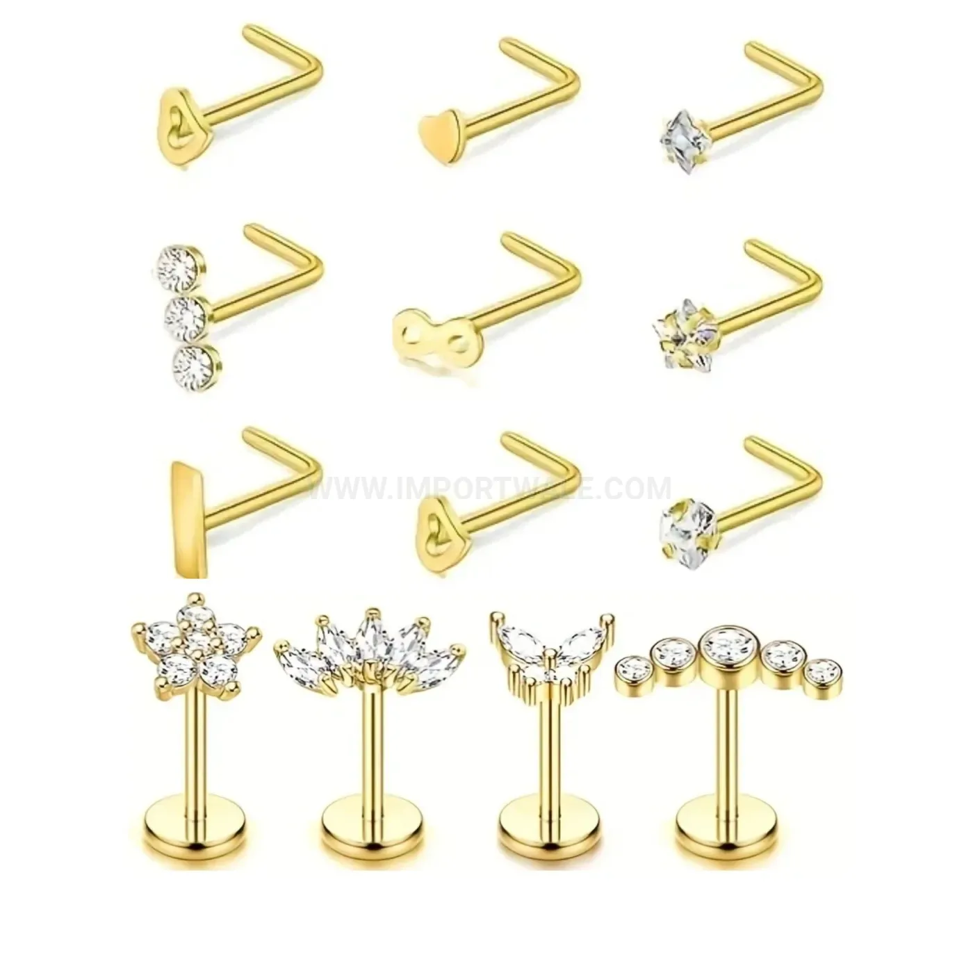 Designer Versatile Straight Bar Nose Ring and Lip Stud Piercing Set
