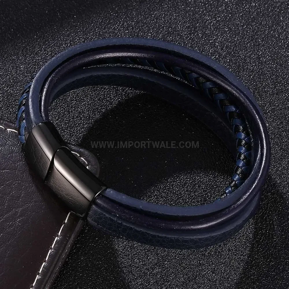 Multi-Strand Woven Leather Wristband with Stainless Steel Clasp