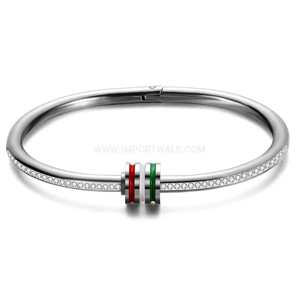 Premium Rhinestone Accent Striped Stainless Steel Bangle Bracelet