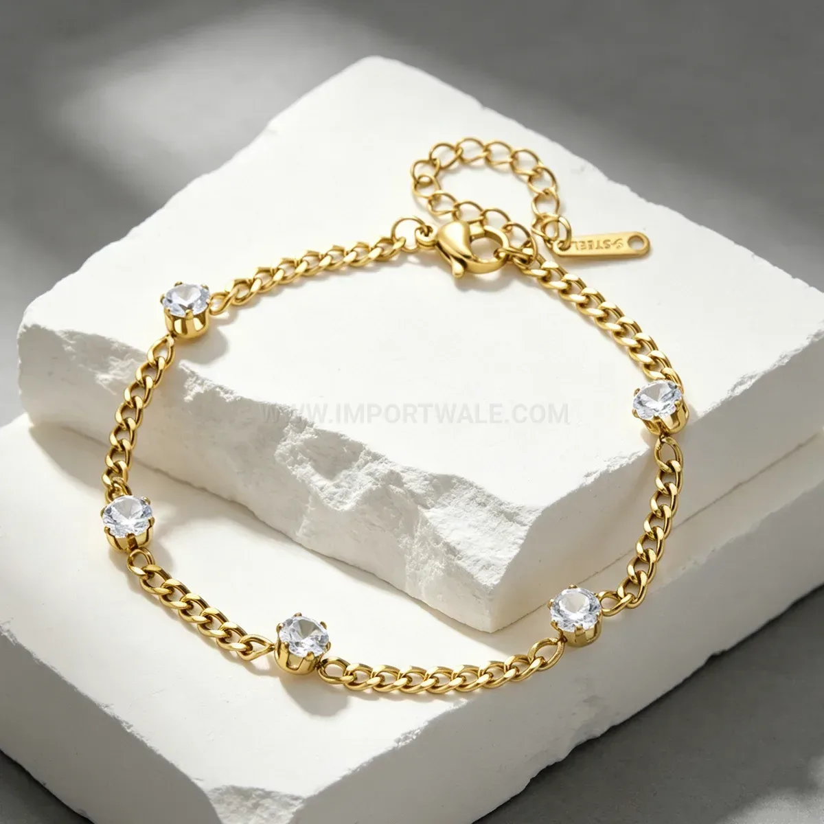 Classic Rhinestone Accent Stainless Steel Gold-Tone Chain Bracelet