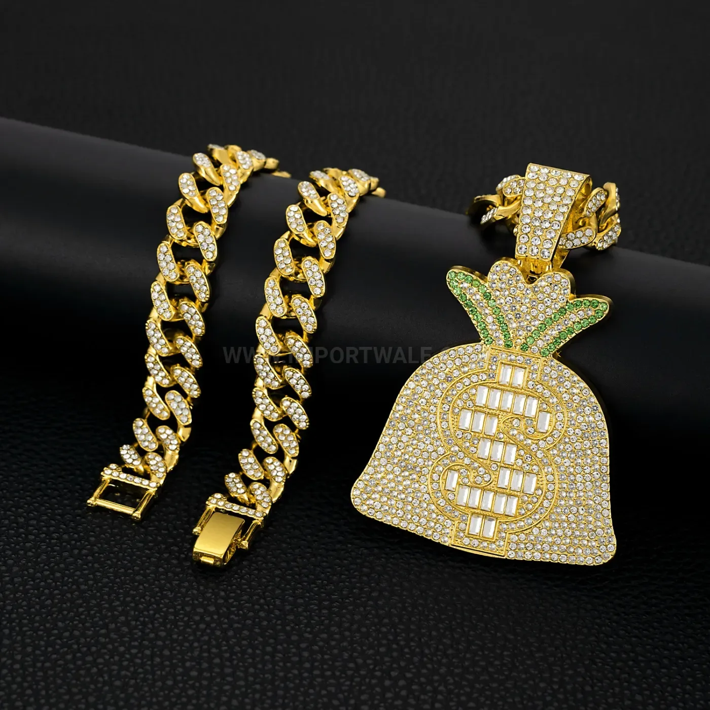 Chic Rhinestone Money Bag Pendant Two Tone Cuban Chain Necklace