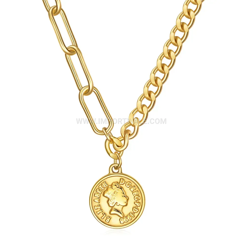Stainless Steel Queen Coin Pendant Necklace With Minimalist Toggle Clasp