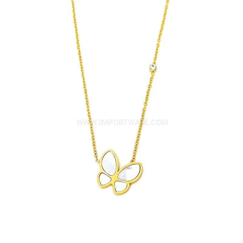 Bold Gold Plated Stainless Steel Butterfly Charm Crystal Pendant Necklace