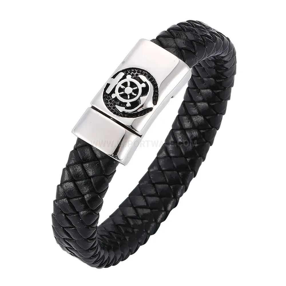 Modern Nautical Anchor Stainless Steel Leather Magnetic Bangle