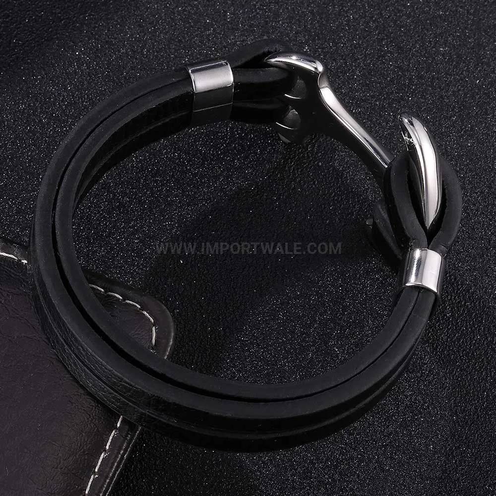 Multi-Strand Leather Wristband With Stainless Steel Anchor Motif Clasp