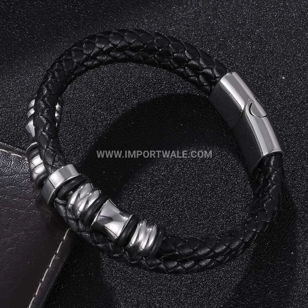Double-Layer Braided Leather Bracelet with Stainless Steel Magnetic Clasp