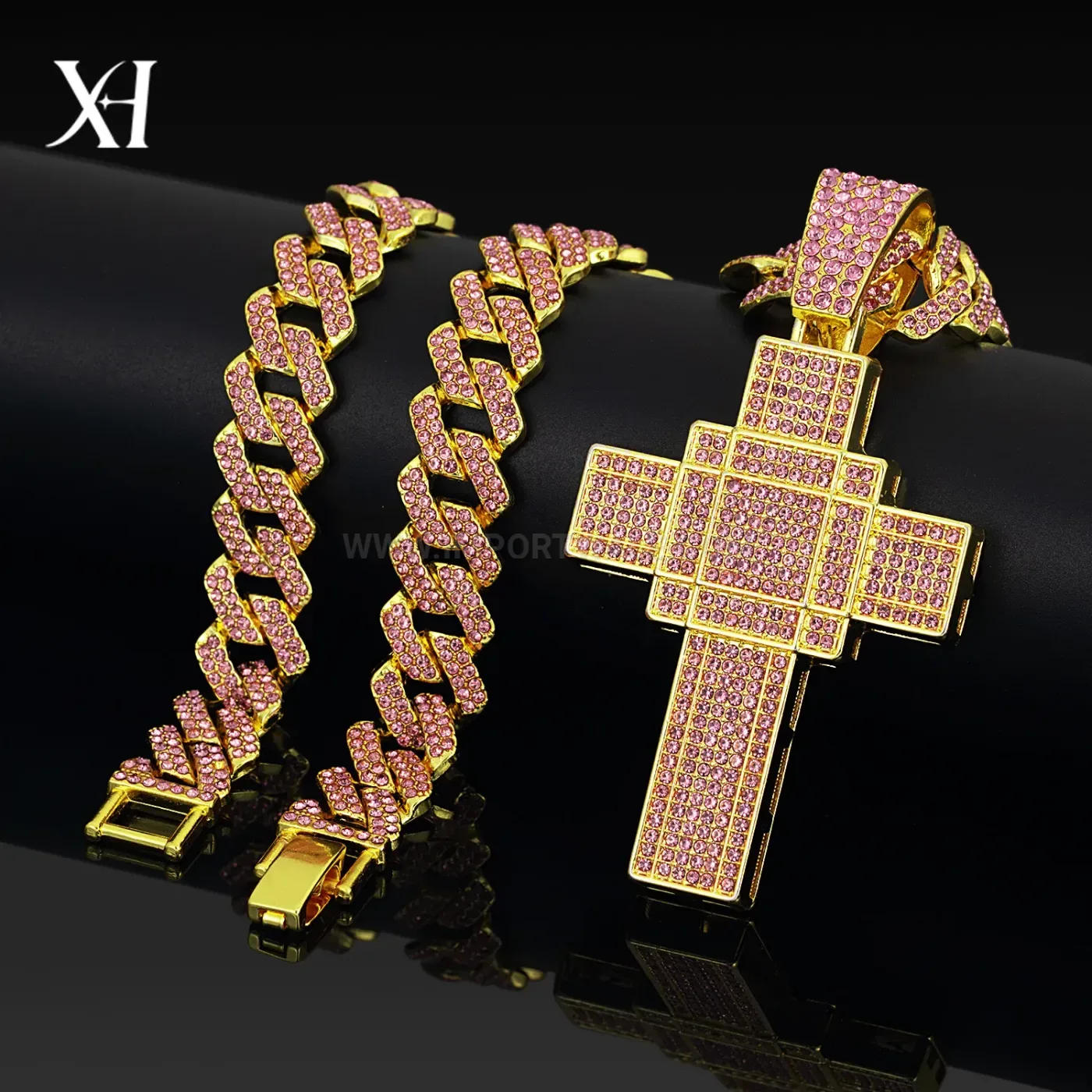Pink Rhinestone Double Layer Cross Pendant Zinc Alloy Necklace