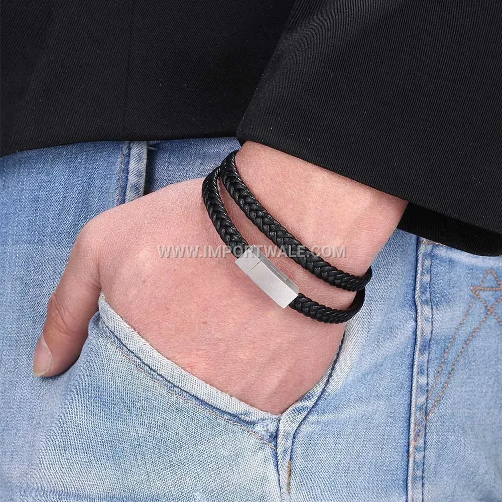Calfskin Leather Bracelet with Stainless Steel Magnetic Clasp