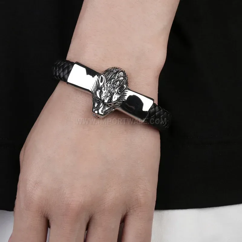 Bold Beast King Emblem Stainless Steel Leather Men Bracelet