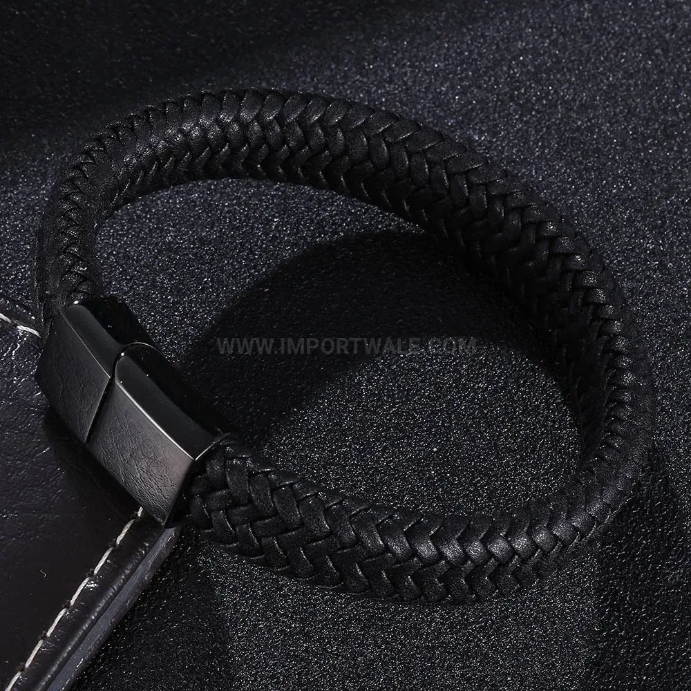 Black Woven Microfiber Leather Stainless Steel Bracelet