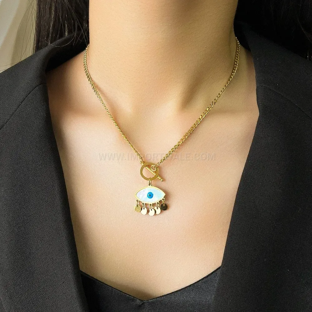 Trendy Evil Eye Shell Tassel Necklace with Toggle Clasp Titanium Steel
