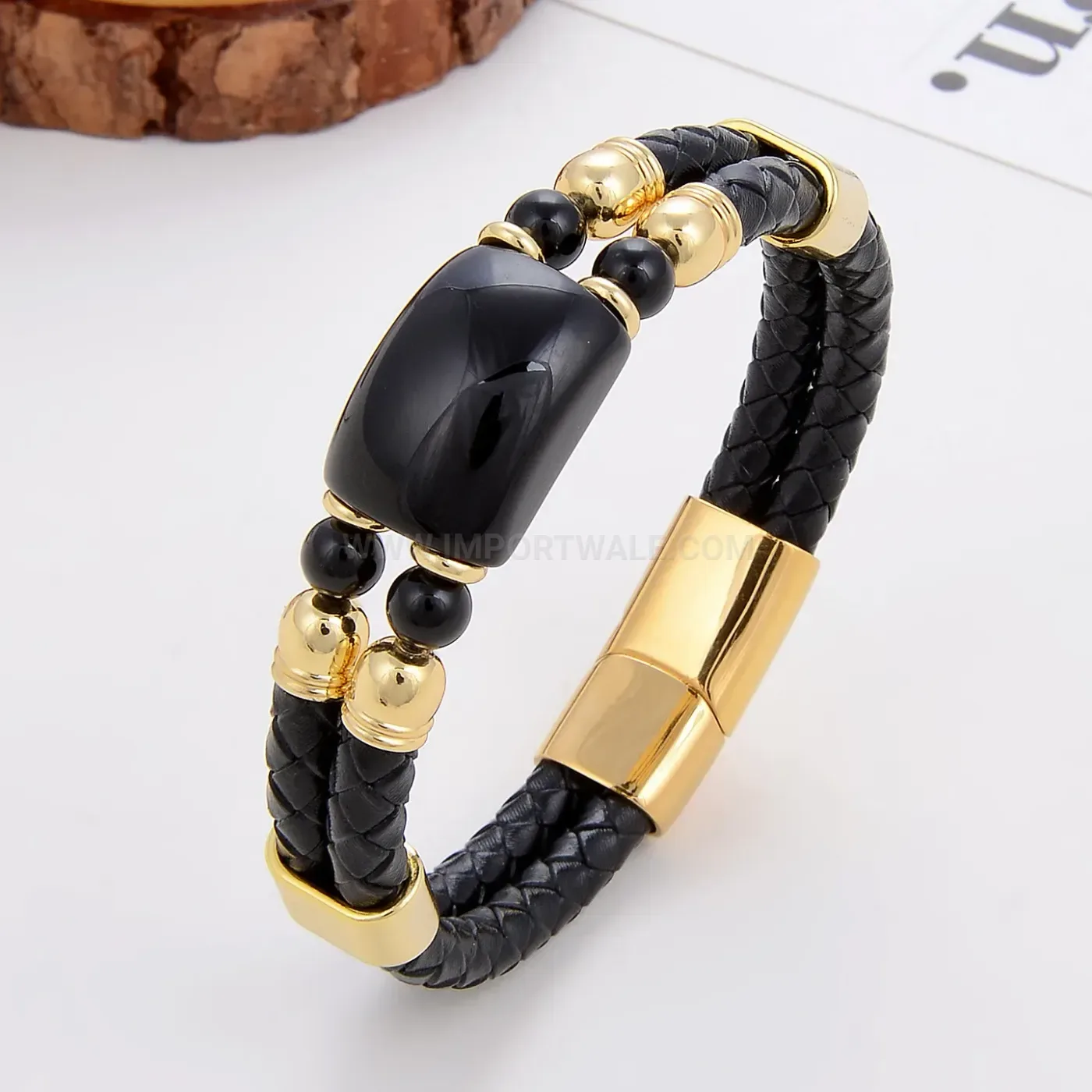 Handcrafted Braided Leather Stone Bracelet with Stainless Steel Clasp