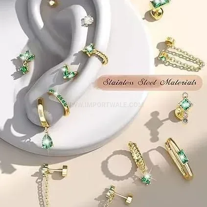 Modern Gold Plated Green Zircon Leaf Stud Earrings Set