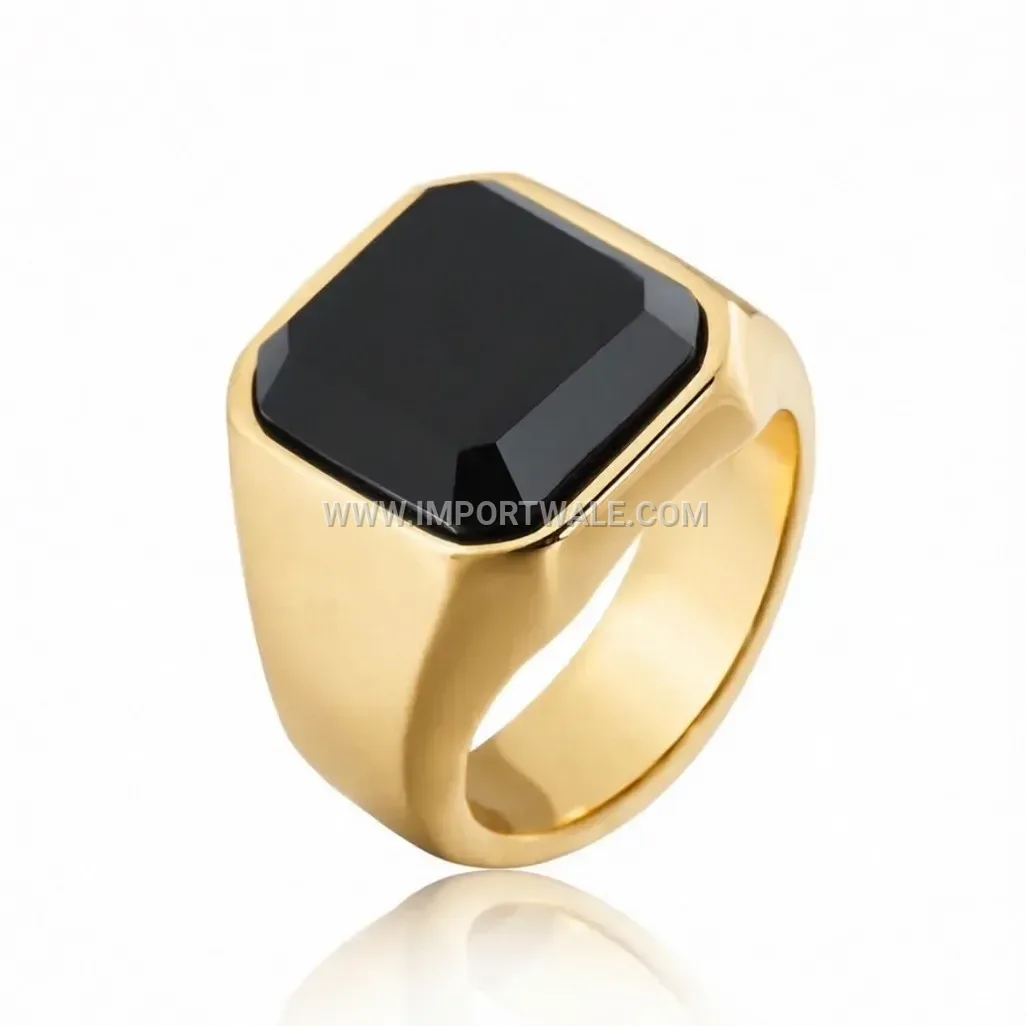 Square Black Gemstone Titanium Steel Signet Ring for Men