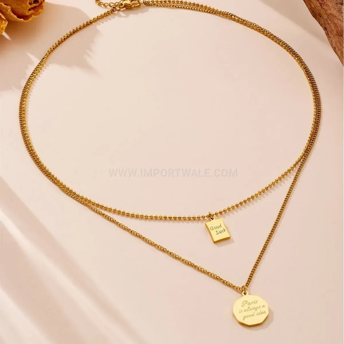 Trendy Double Layer Stainless Steel Pendant Necklace with Round and Square Tags