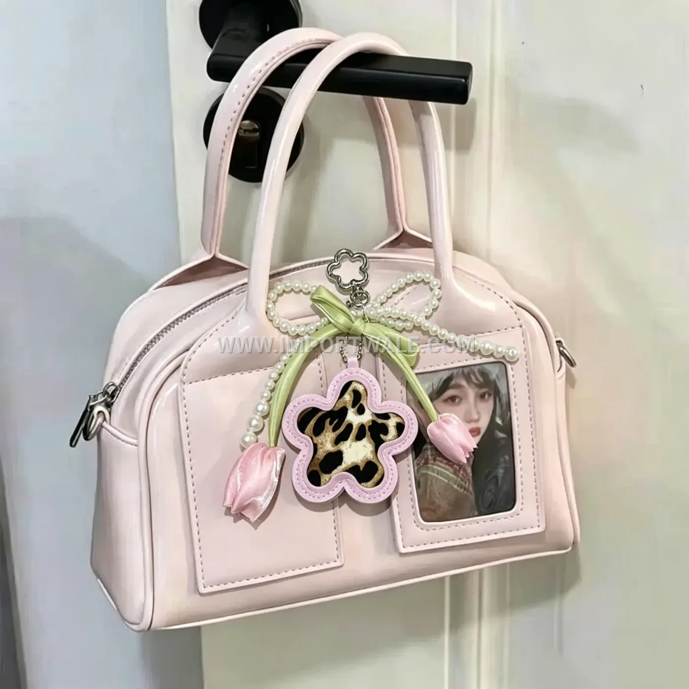 Chic Leather Floral Bag Charm with Pearl Accent