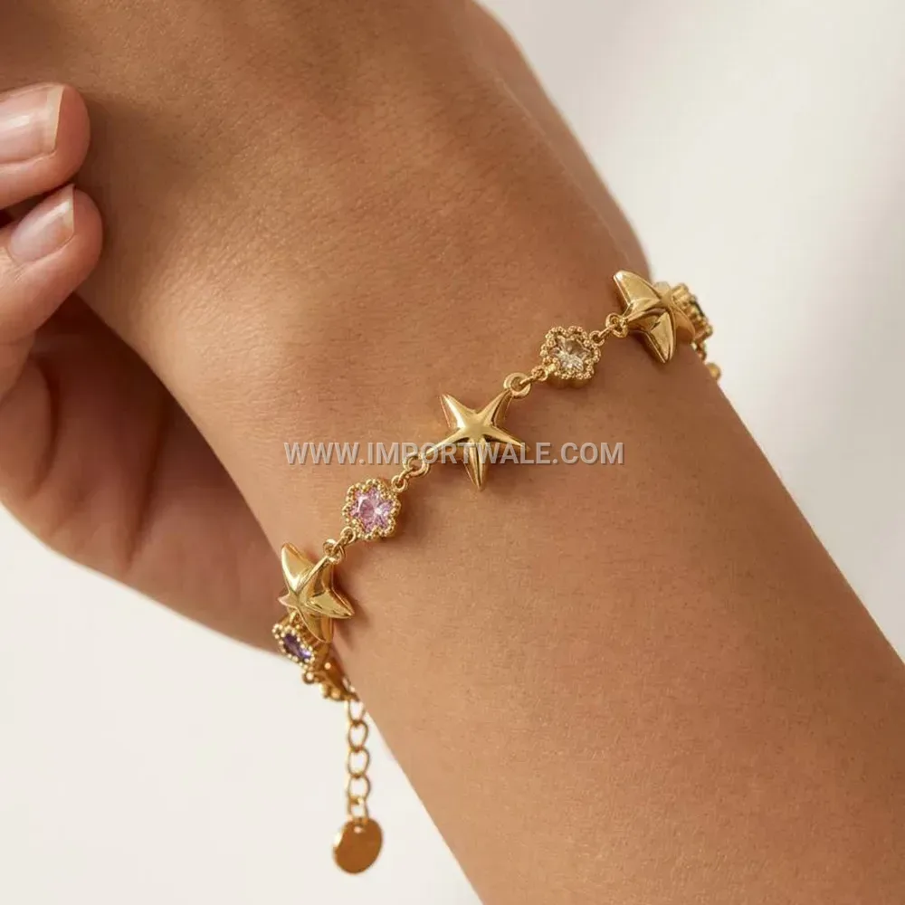 Zircon Starfish and Shell Motif Stainless Steel Bracelet