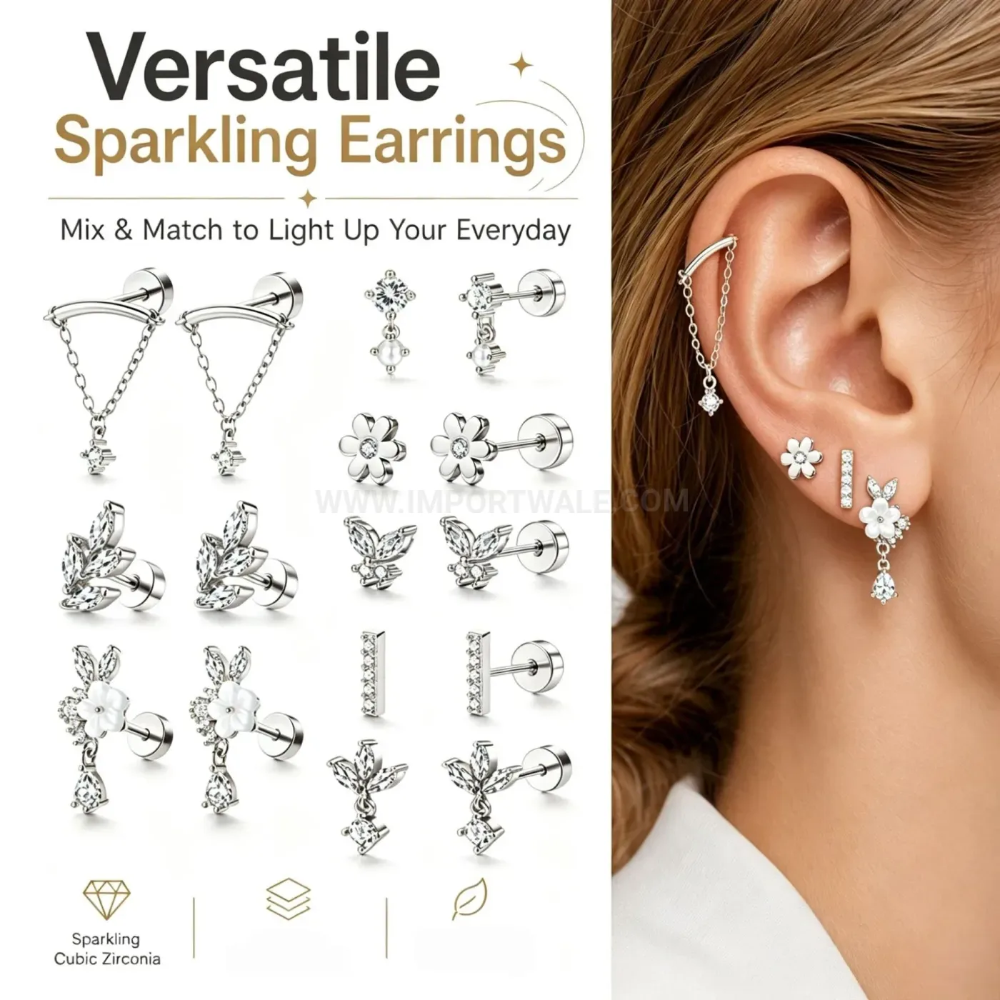 Trendy Delicate Stainless Steel Chain Link Layering Cartilage Piercing Stud Set