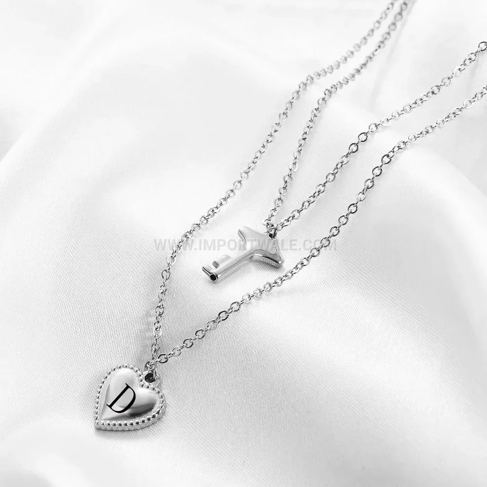 Titanium Steel Initial Letter Key and Heart Pendant Choker Necklace