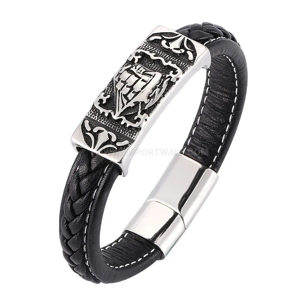Modern Braided Black Leather Bracelet with Stainless Steel Anchor Magnetic Clasp