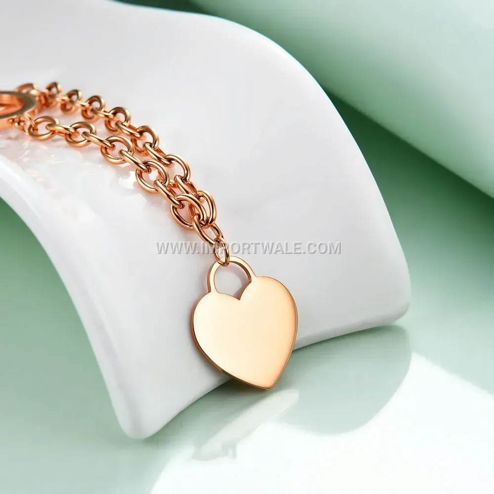 Rose Gold Plated Laser Engraved Initial Heart Toggle Chain Necklace