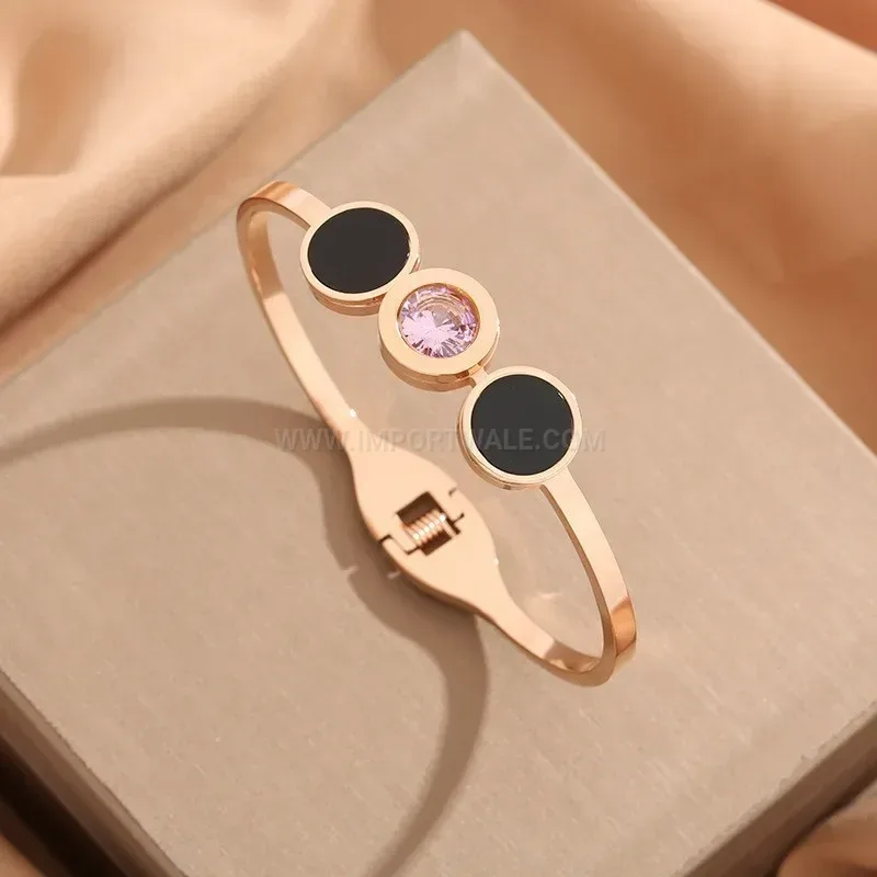 Modern Vintage Style Open Spring Titanium Steel Bangle with Pink Crystals