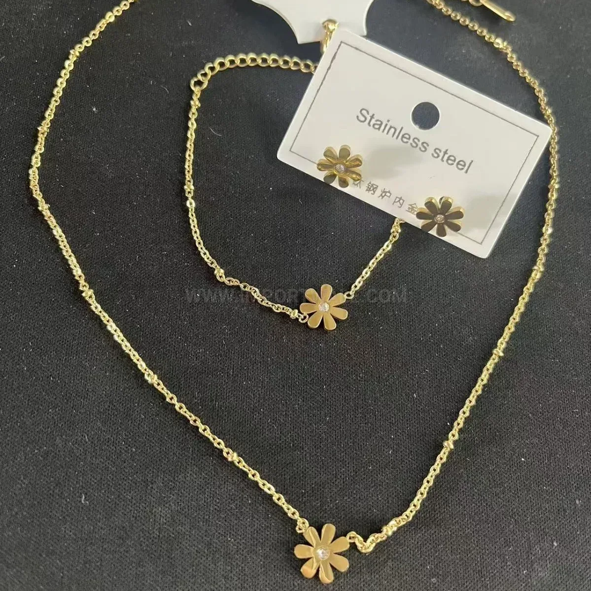Gold Plated Stainless Steel Daisy Bead Jewelry Set