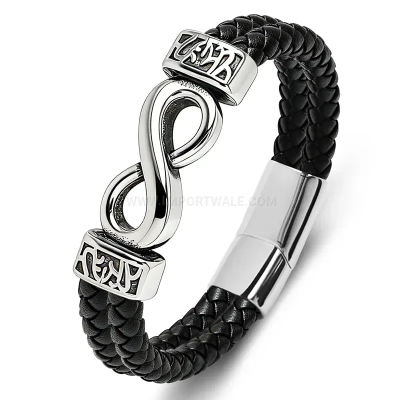 Bold Infinity Symbol Stainless Steel Leather Braided Men Wristband