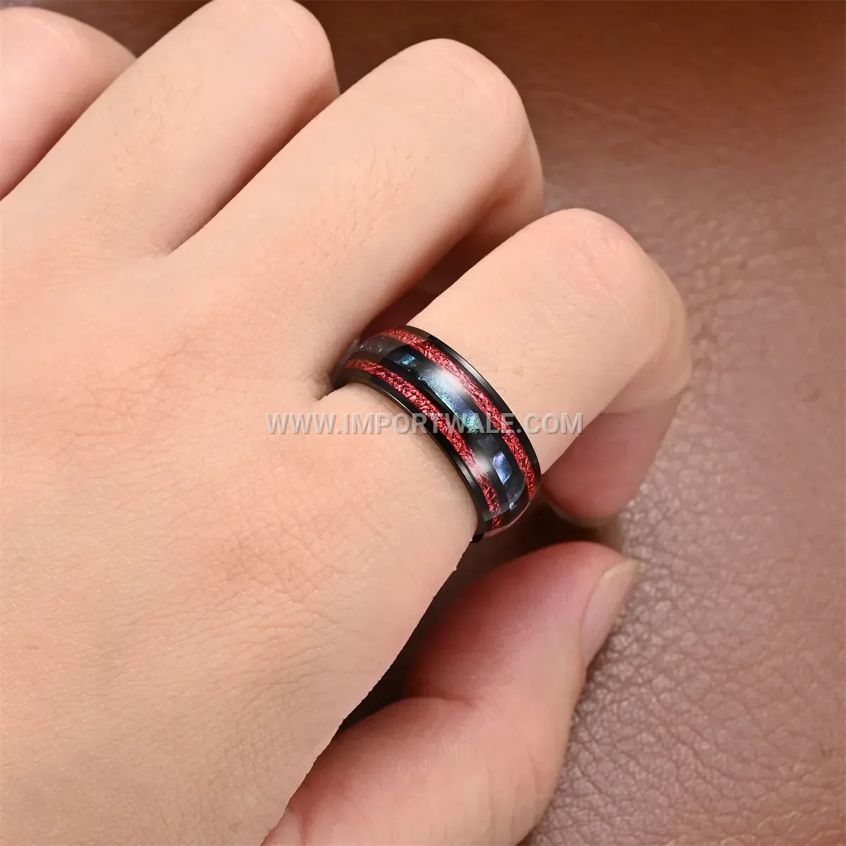 Black Stainless Steel Shell Inlay Triple Stripe Ring