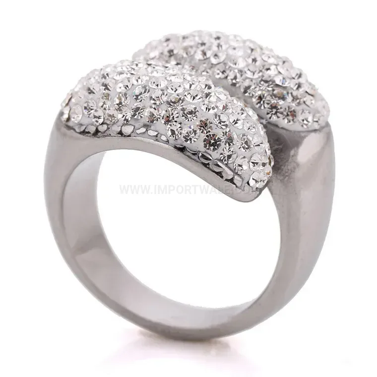 Wide Crystal Encrusted Stainless Steel Statement Band Ring