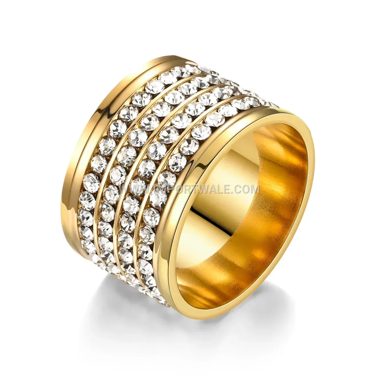 Four-Row Rhinestone Wide Stainless Steel Band Ring