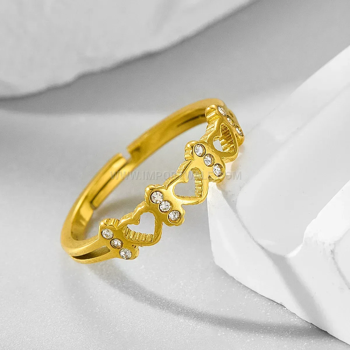 Rhinestone Heart Open Gold Plated Stainless Steel Ring