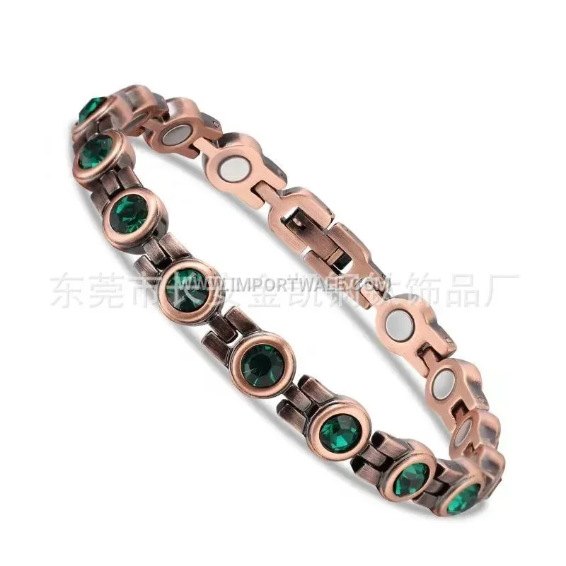 Vintage Geometric Line Copper Magnetic Bracelet with Rhinestone Accents