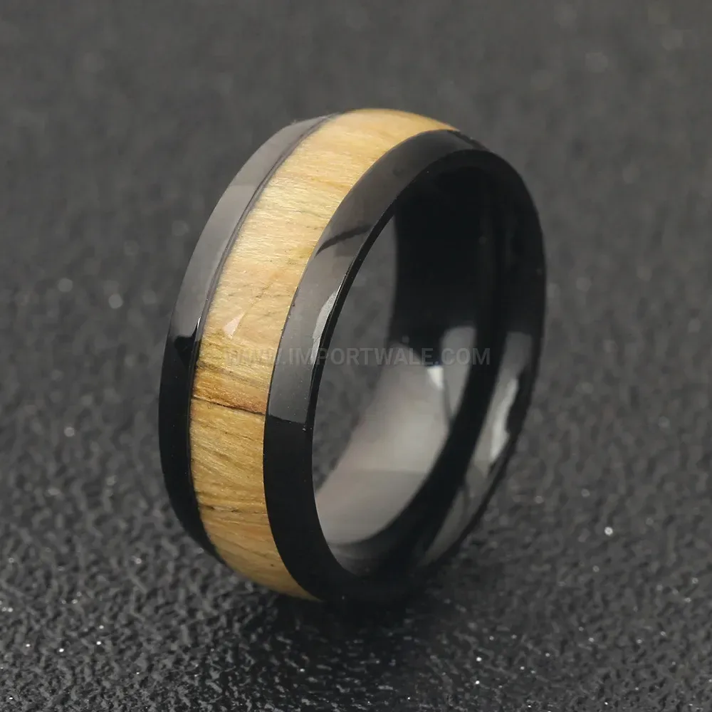 Elegant Minimalist Wood Grain Inlay Stainless Steel Band Ring
