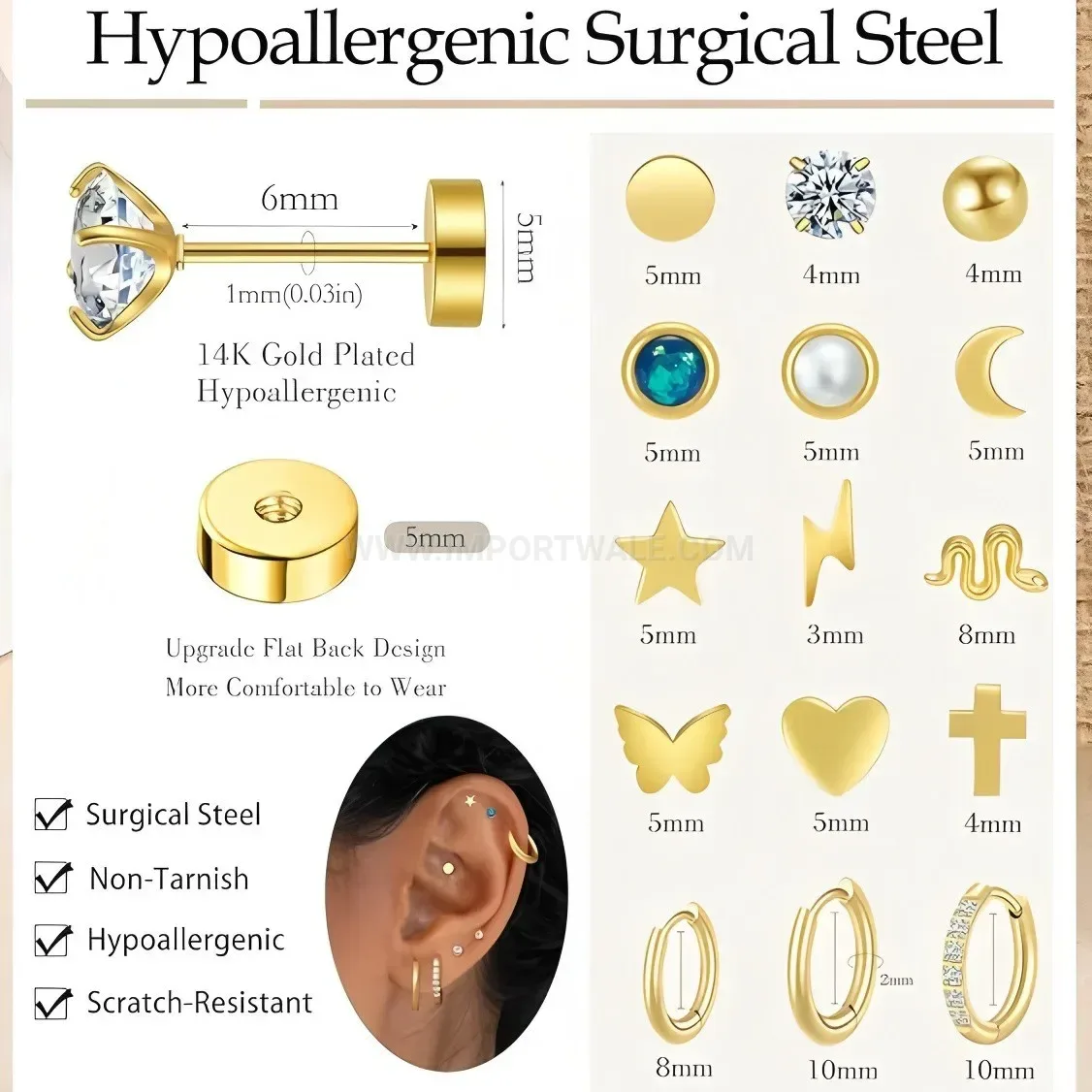 Designer Flat Back Stainless Steel Threaded Piercing Stud Set