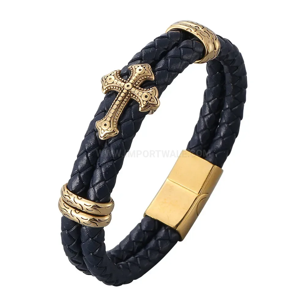 Woven Leather Cross Charm Magnetic Stainless Steel Bracelet