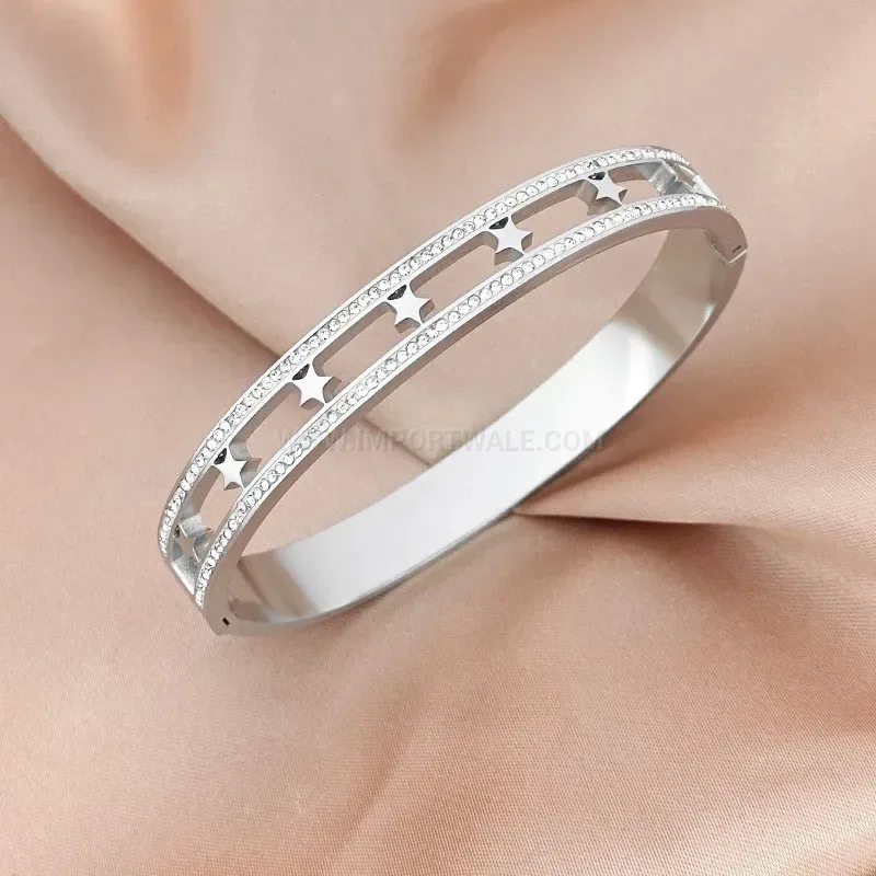 Stylish Double-Row Star Rhinestone Cutout Titanium Steel Bangle