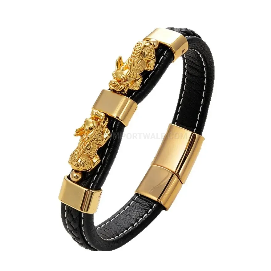Designer Braided Leather Pixiu Charm Bracelet With Titanium Steel Clasp