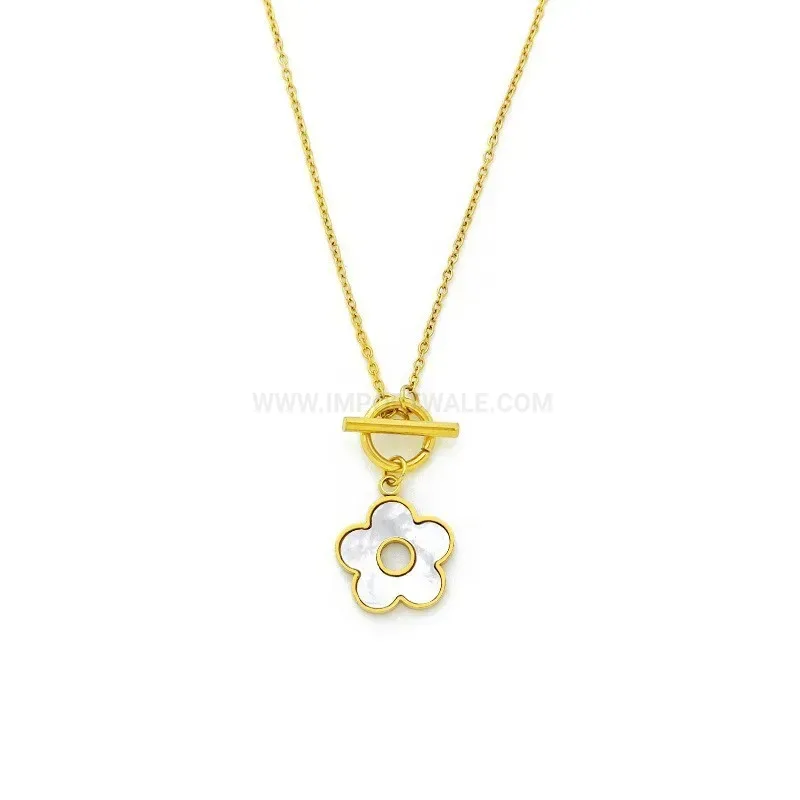 Classic Floral Shell Inlay Stainless Steel OT Clasp Pendant Necklace