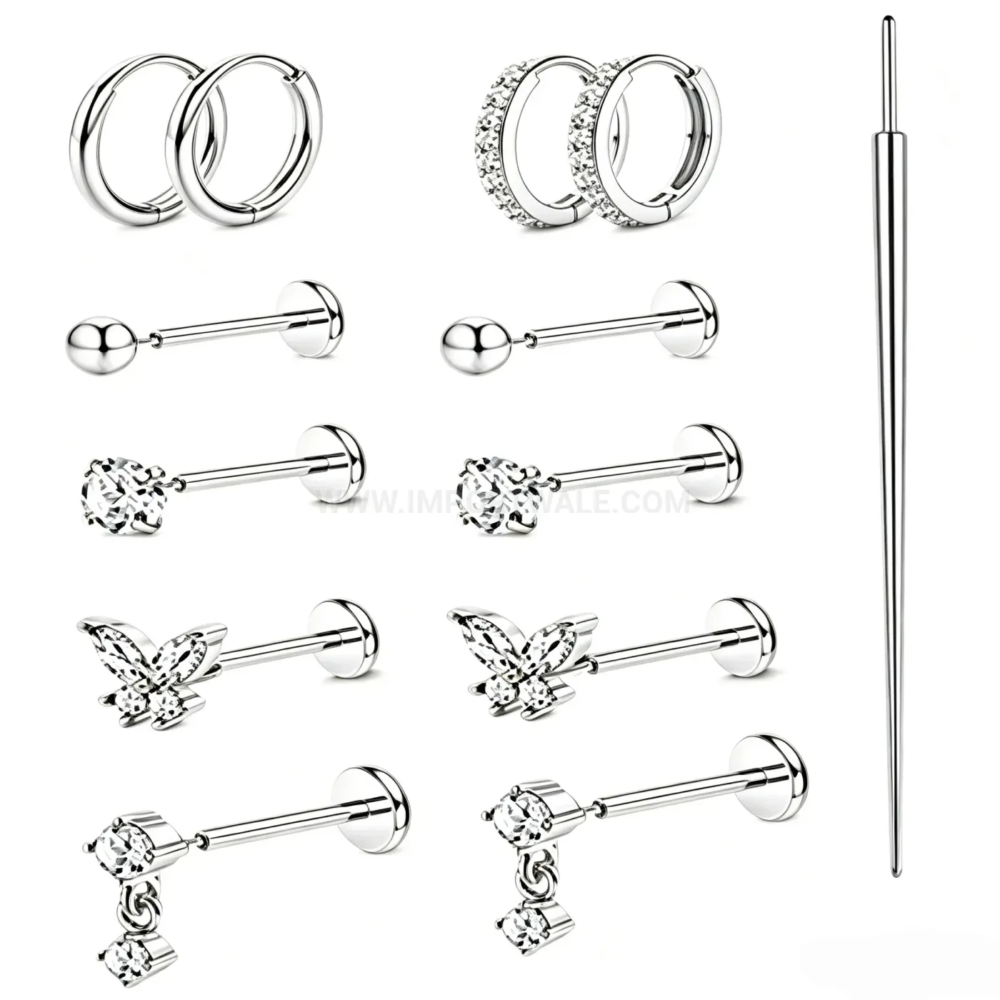 Dainty Butterfly Charm Rhinestone Stainless Steel Hoop and Stud Piercing Set