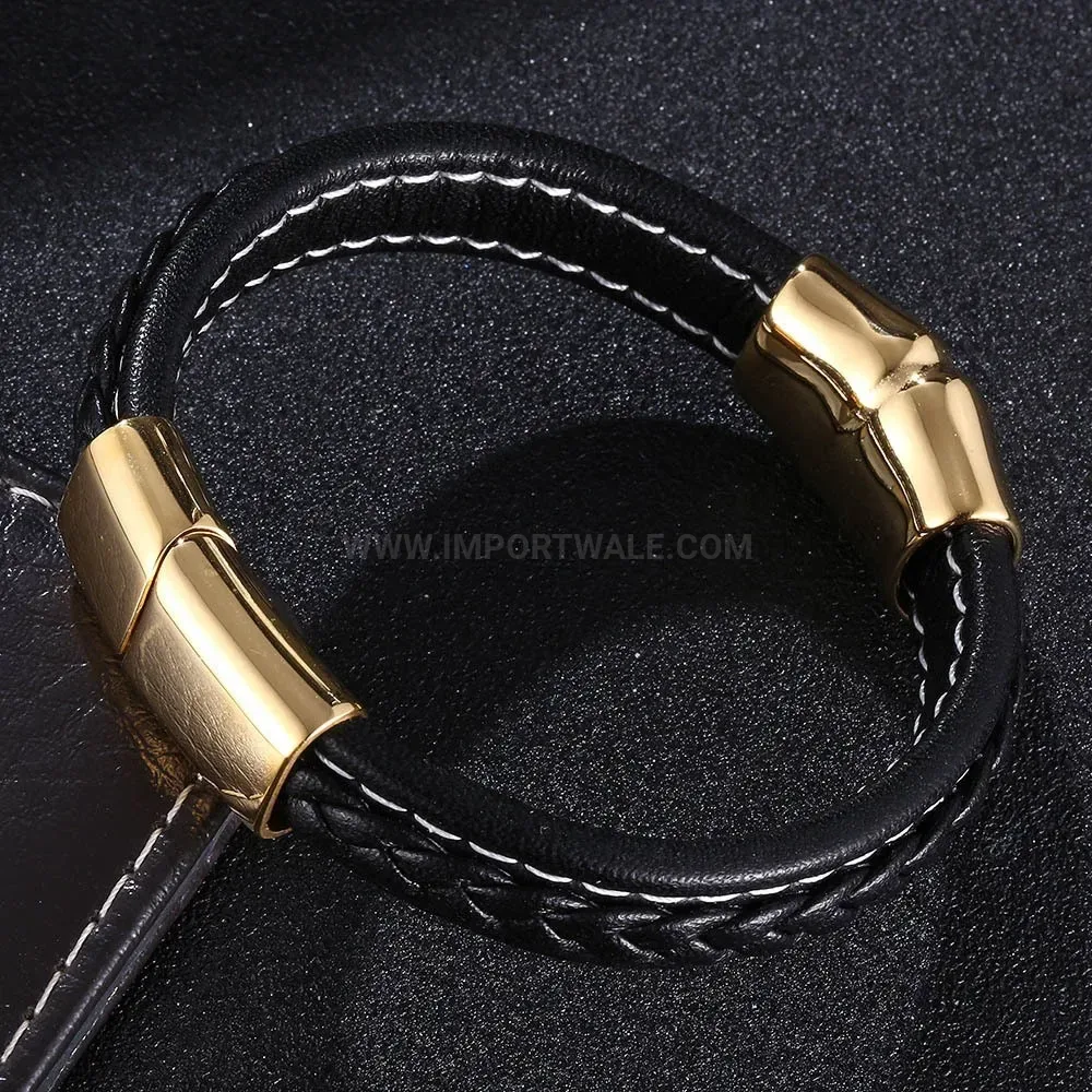 Braided Leather Wristband with Gold Tone Stainless Steel Clasp
