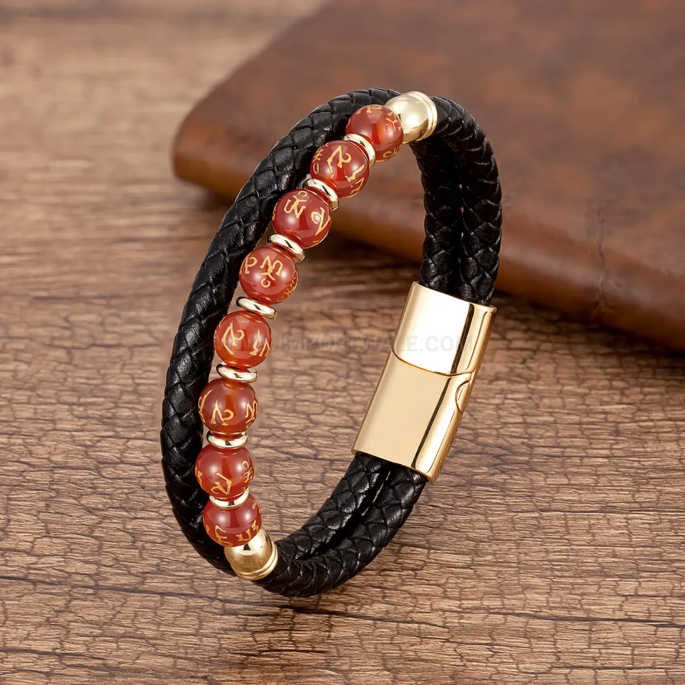 Vintage Beaded Leather Bracelet with Stainless Steel Magnetic Clasp