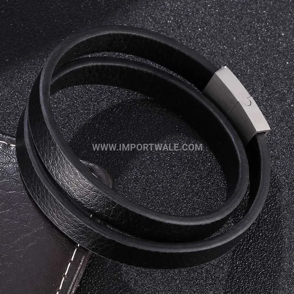 Double Wrap Black Leather Stainless Steel Magnetic Clasp Bracelet
