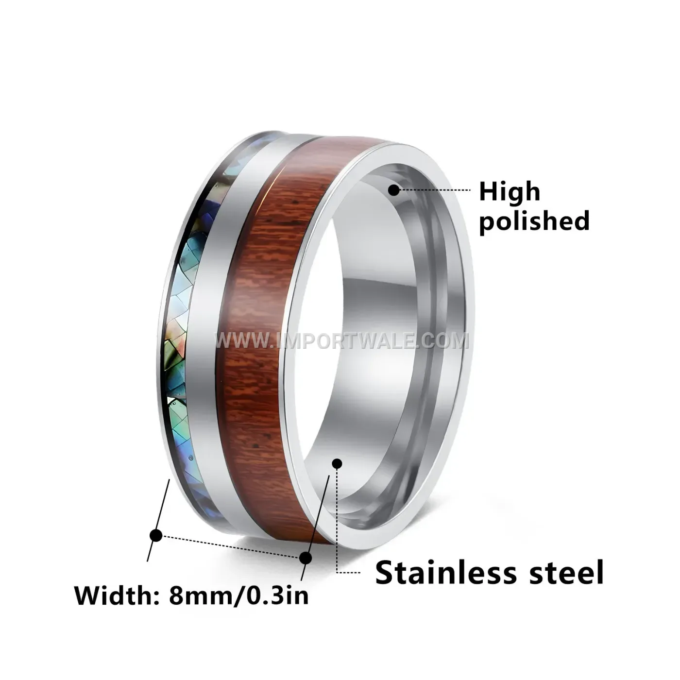 Wood Grain Abalone Shell Inlay Stainless Steel Ring