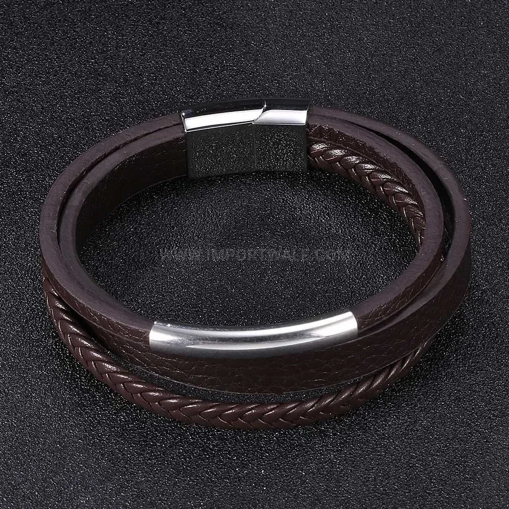 Multi-Strand Braided Leather Bracelet with Stainless Steel Magnetic Clasp