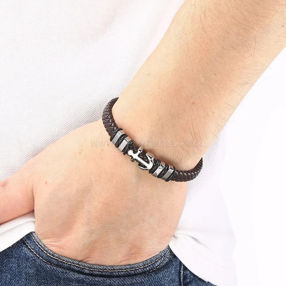 Woven Leather Band with Steel Clasp Accent
