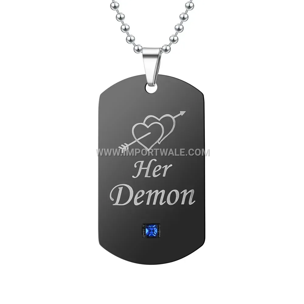 Stainless Steel Couples Dog Tag Pendant with Pink Crystal Accent