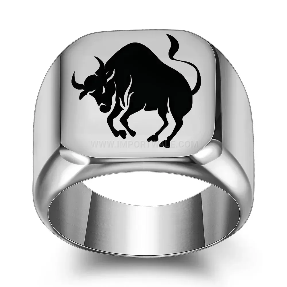 Premium Laser Engraved Bull Motif Stainless Steel Punk Square Signet Ring