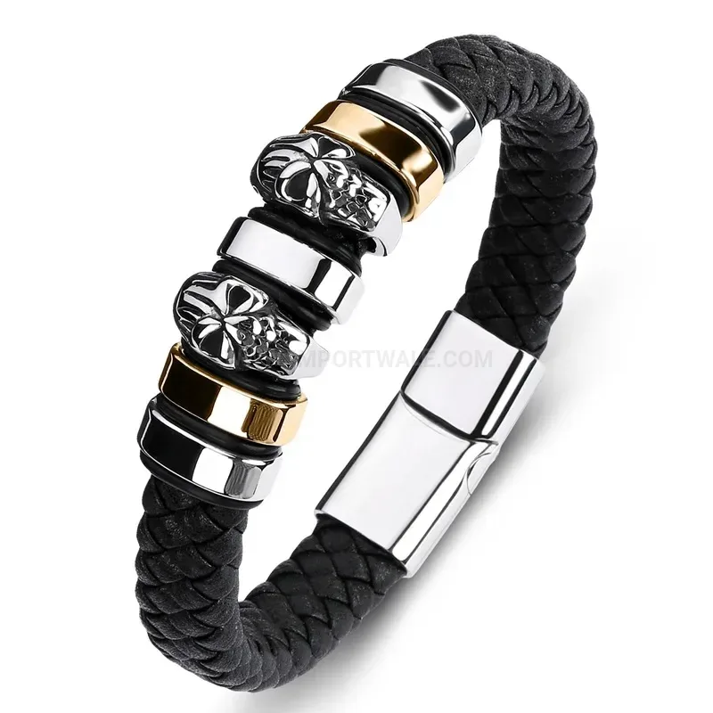 Stylish Braided Leather Skull Accent Bracelet with Stainless Steel Hardware