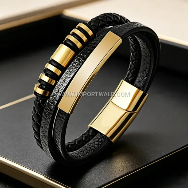 Men Multi Strand Woven Leather Bracelet Smooth Stainless Steel Clasp
